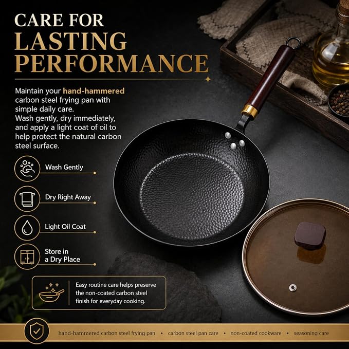 Calmabode 10.5” Hand-Hammered Carbon Steel Skillet with Glass Lid | Pre-seasoned coating-free carbon steel, flared rim, flat bottom, induction compatible, ideal for steak, eggs and searing