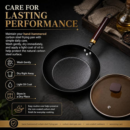 Calmabode 10.5” Hand-Hammered Carbon Steel Skillet with Glass Lid | Pre-seasoned coating-free carbon steel, flared rim, flat bottom, induction compatible, ideal for steak, eggs and searing