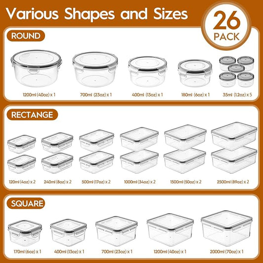 52 PCS Food Storage Containers with Lids Airtight (26 Containers & 26 Lids), Leak proof Meal Prep Container Set for Kitchen Storage, BPA-free, PVC-free Plastic, Microwave/Dishwasher Safe, Labels & Pen