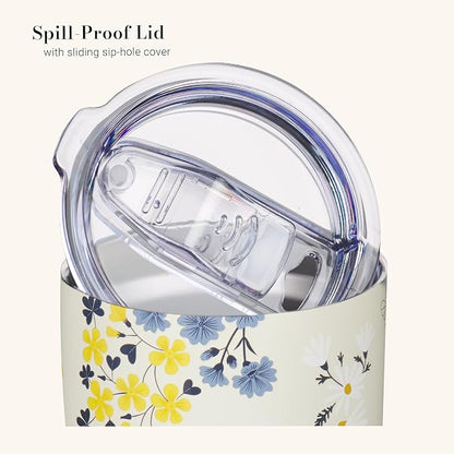 Christian Art Gifts Stainless Steel Scripture Tumbler Travel Mug for Women: Kind Words Bible Verse, Cute Bumble Bee, Double-wall Vacuum Insulated, Lid, Hot/Cold, Creamy White Multicolor Floral, 18oz.
