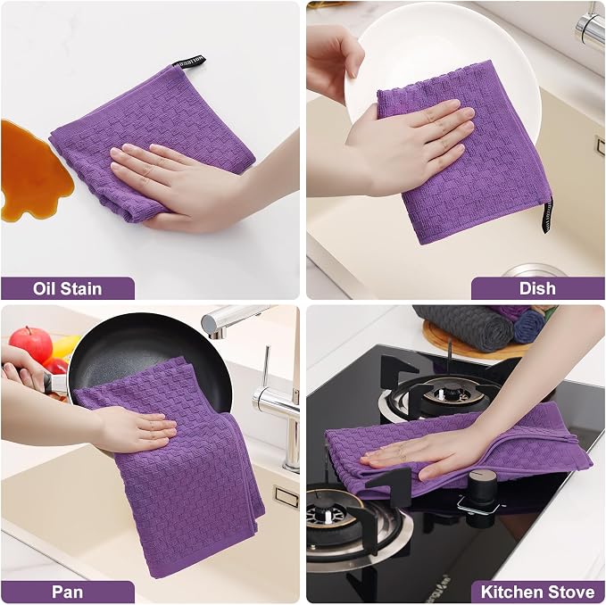 Homaxy 100% Cotton Kitchen Towels and Dishcloths Set, 12 x 12 & 15 x 25 Inches, Set of 16 Bulk Terry Cloth Dish Towels, Super Soft and Absorbent Hand Towel with Hanging Loop, Purple