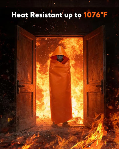 Emergency Fireproof Cloak with Hood – KANHIRO 1076°F Heat Resistant Fire Escape Poncho, Extra Large Silicone Coated Fire Blanket Cape for Home, Kitchen & Emergency