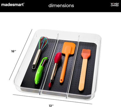 madesmart Premium 3 Compartment Clear Drawer Organizer, Multi-Purpose Storage with Soft Grip Lining & Non Slip Base, Carbon