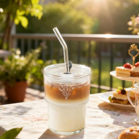 Olvini Mothers Day Gifts For Mom 13oz Glass Tumbler with Straw and Lid, Reusable Iced Coffee Cup Tumbler, Cute Glass Cups for Water, Matcha, Travel Coffee Mugs (Wildflower- 13oz)