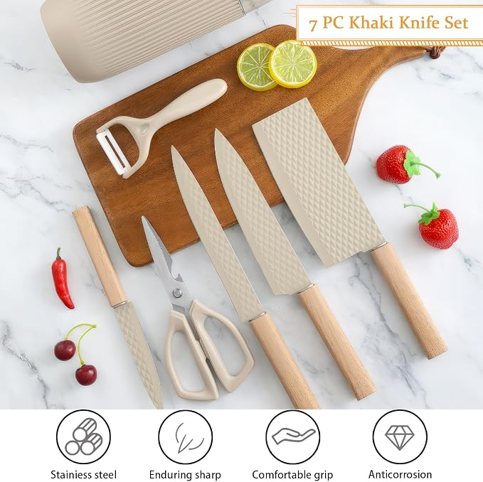 Knife Set, 7 Pieces Professional Kitchen Knife Set with Universal Knife Block, Super Sharp Knife Block Set with Ergonomic Handle Non-stick Stainless Steel Knife Block Set (Beige)
