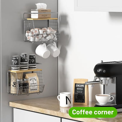 Magnetic Shelf for Fridge with Wood Lid, Fruit Potato and Onion Storage Bins, Pantry Organizers & Storage, Large Container Magnetic Spice Rack for Refrigerator, Kitchen Counter (Silver-gray, 2)
