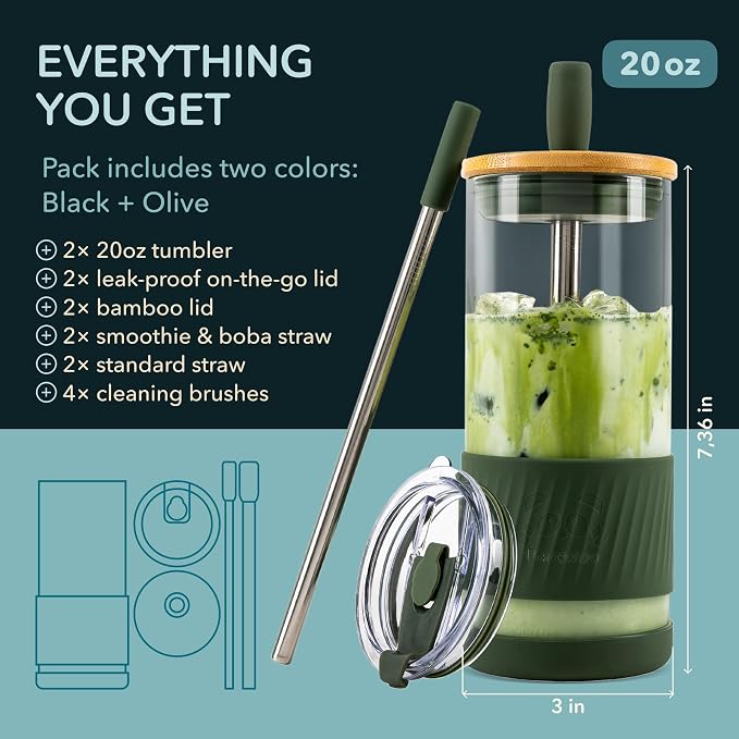 Pandaloo® Glass Cups With Lids and Straws -20 Fl Oz- Perfect Size Iced Coffee Cup - Smoothie Cup With Bamboo Lid and On the go Lid - (2 Count (Pack of 1), Black Saphir-Mediterranean Olive)