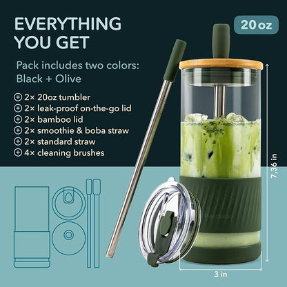 Pandaloo® Glass Cups With Lids and Straws -20 Fl Oz- Perfect Size Iced Coffee Cup - Smoothie Cup With Bamboo Lid and On the go Lid - (2 Count (Pack of 1), Black Saphir-Mediterranean Olive)