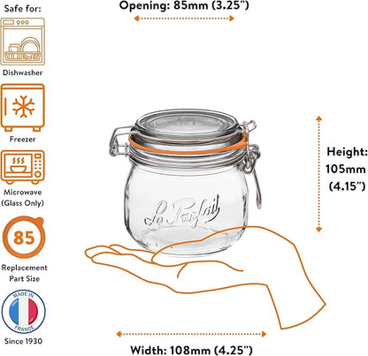 Le Parfait Super Jar 500mL (16oz) French Glass Preserving Jar w/Airtight Rubber Seal & Wire Bail Closure - BPA-Free Canning Jar for Pickles, Fruit, Sauce & Food Storage - Made in France Since 1930 6PK
