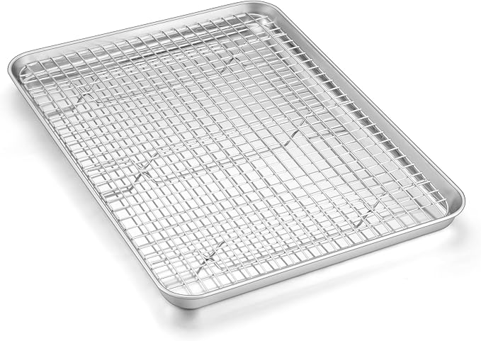 Homikit Baking Sheet with Wire Rack Set (1 Pan+1 Rack), 16" x 12" Stainless Steel Cookie Bacon Pan for Oven, Nonstick Jelly Roll Pan Baking Tray with Grid Cooling Rack for Cook Roast, Dishwasher Safe
