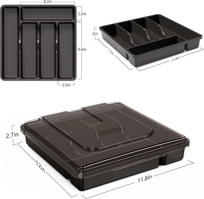Utensil Holder for Countertop with Lid, Plastic Silverware Tray for Drawer, 5 Compartments Flatware Organizer, Black