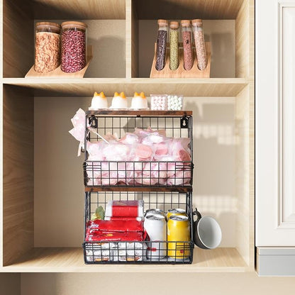 Mefirt 2pcs Fruit Basket Kitchen Storage Basket with Wood Lid, Stackable Wall Basket Fruit Basket for Kitchen, Countertop Organizer for Snack, Fruit and Veggie Storage, 11.8 x 7.9 x 8.5 Inch