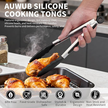 7 Inch Small Silicone Salad Cooking Tongs, Food Serving Tongs with Heat Resistant Non-Slip Grip, Black Color Kitchen Utensils for Salad Charcuterie Board