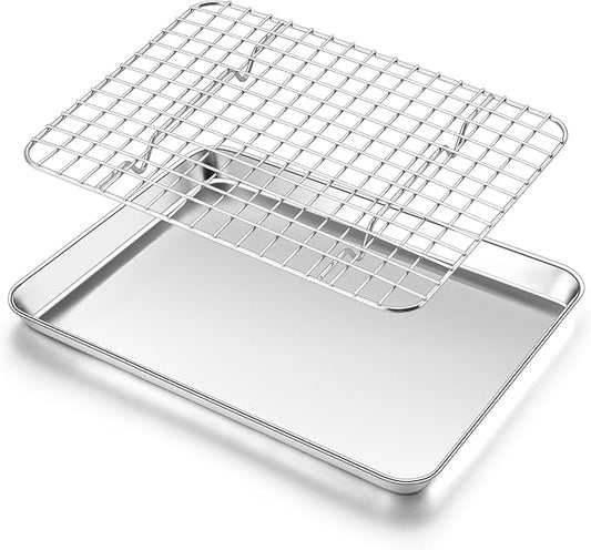 Homikit Cookie Sheet with Rack (1 Pan+1 Rack), 10 x 8 Inch Stainless Steel Small Baking Sheet with Wire Rack Set for Baking Roasting Cooling, Toaster Oven Pan Bacon Tray, Non-Toxic & Dishwasher Safe