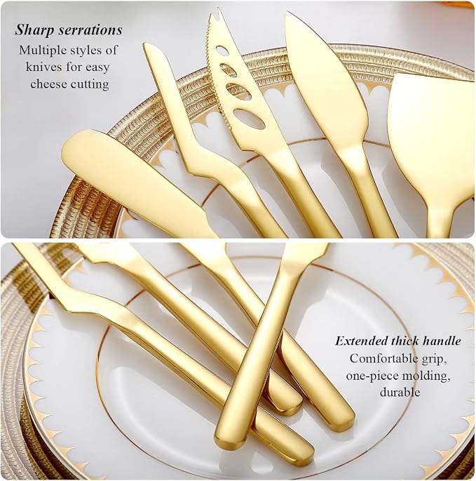 Berglander Gold Cheese Knife Set of 5 for All Types of Cheese, Golden Titanium Plating Cheese Cutter Slicer Ergonomic Design for Confortable Grip and Cut, Butter Spreader Knife