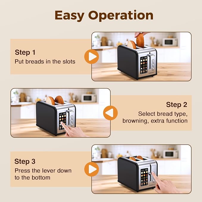 2 Slice Touch Screen Toaster Stainless Steel with Wide Slots for Family Breakfast, Even Toasting for Bagels & Bread, Defrost & Reheat, Easy Removable Crumb Tray, Matt Black