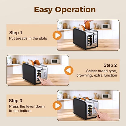 2 Slice Touch Screen Toaster Stainless Steel with Wide Slots for Family Breakfast, Even Toasting for Bagels & Bread, Defrost & Reheat, Easy Removable Crumb Tray, Matt Black