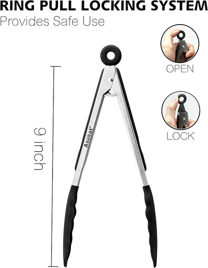Anaeat Non-Stick Silicone Locking Tong - Stainless Steel 9" Kitchen Food Tongs with Non-Slip Silicone Tips and Grip for Cooking, Baking and BBQ - Heat Resistant up to 480°F (Black)