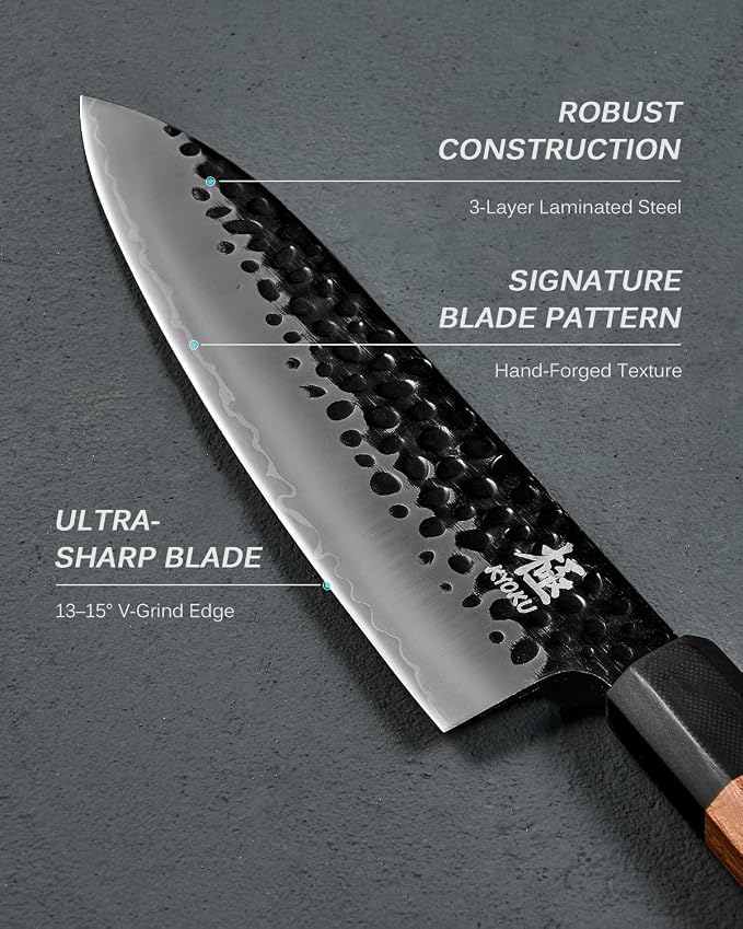 KYOKU Chef Knife, Kage Series 8" Kitchen Knife with 3-Layer Laminated Steel Blade Rosewood Handle, Japanese Style Chef's Knife, Kitchen Knife for Chopping Slicing Mincing and More
