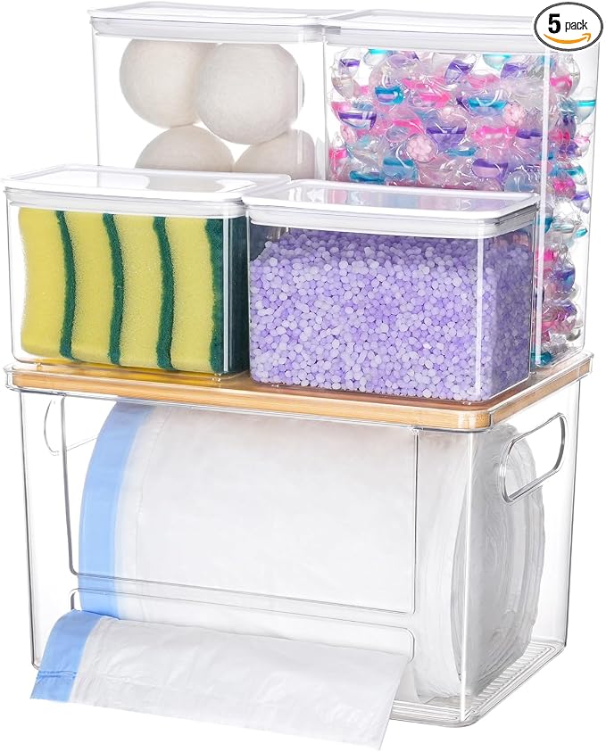 iCASA Trash Bag Holder Laundry Pods Container - 5 in 1 Garbage Bag Dispenser for 13/30/33 Gallon Bags, Clear Stackable Kitchen Under Sink Organizer Dishwasher Pod Storage Home Organization Must Haves