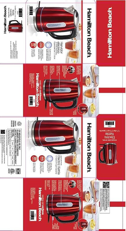 Hamilton Beach Electric Tea Kettle, Water Boiler & Heater, 1.7 Liter, Cordless Serving, 1500 Watts for Fast Boiling, Auto-Shutoff and Boil-Dry Protection, Red with LED Light Ring (41060)