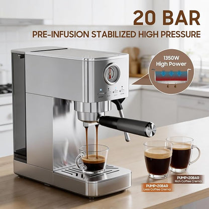 Espresso Machine, 20 Bar Visible High Pressure Gauge, 47 OZ Water Tank with Milk Frorther Silver, Automatic Stainless Steel Espresso Maker, Gift for Coffee Machine Enthusiasts