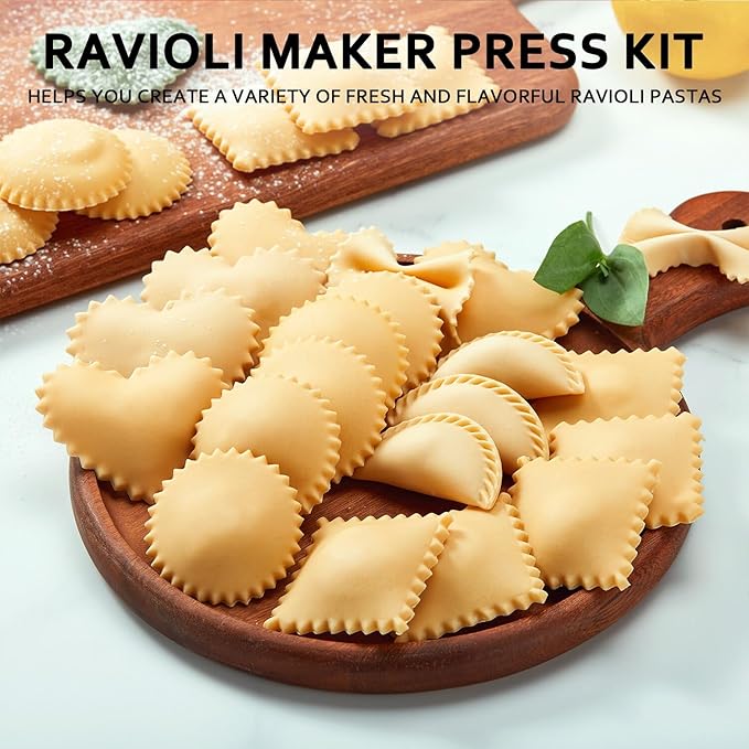 Ravioli Maker Press, Ravioli Press Mold Set - Heart Ravioli Stamp Maker Cutter with Wood Rolling Pin, 2.6" Empanada Maker Press Kit and Ravioli Wheel, Makes 6 Ravioli