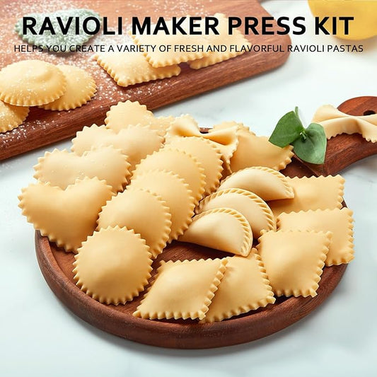 Ravioli Maker Press, Ravioli Press Mold Set - Round, Heart, Square Ravioli Stamp Maker Cutter with Wood Rolling Pin, 2.6" Empanada Maker Press Kit and Ravioli Wheel 3 PCS