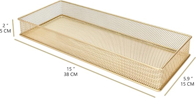 Annova Mesh Stackable Drawer Cabinet and Shelf Organizer Bins Storage Basket School Office Supply Holder Tray- Set of 2 (Gold, 6x15x2 Inch)