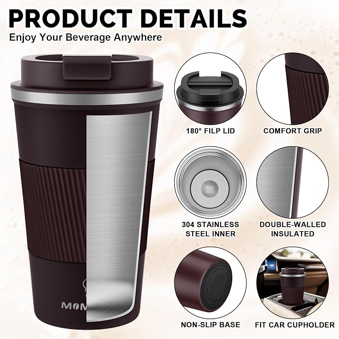 MOMSIV 17oz Travel Mug, Insulated Coffee Cup with Leakproof Lid, Vacuum Stainless Steel Double Walled Reusable Tumbler for Hot and Cold Water Coffee and Tea In Travel and Car