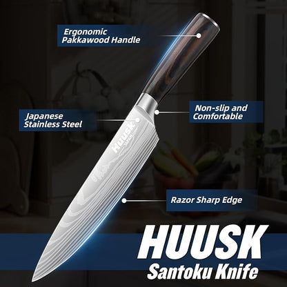 Huusk Chef Knife 8 Inch, Japanese Steel Gyuto Knife, Ultra Sharp Kitchen Knives with Ergonomic Handle, Christmas Gifts for Women and Men