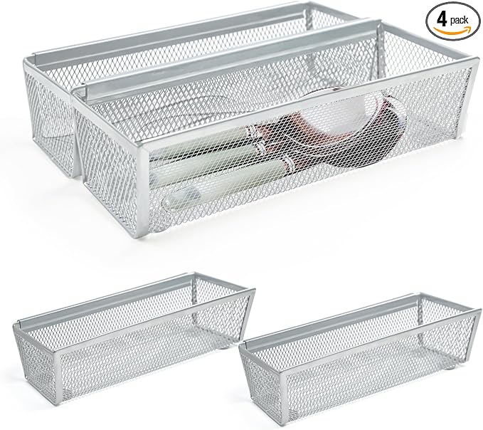 4PCS Drawer Organizer for Kitchen,Utensil Mesh Drawer Organizer with Interlocking Arm for Cosmetic,Flatware,Pen (9 * 3 * 2 Inches,Grey)