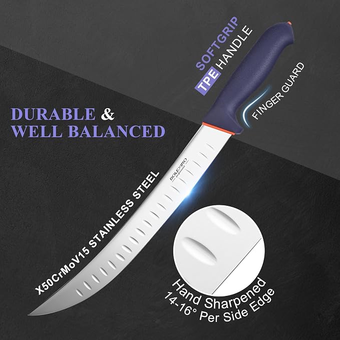 12 Inch Brisket Slicing Knife,Carving Knifewith Granton Edge, X50CrMoV15 Stainless Steel Butcher Knife with Ergonomic Non-Slip Handle for Meat Cutting, BBQ & Turkey