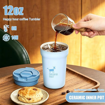 CHEERFUL GOAT Ceramic Lined Coffee Mug – Stainless Steel Travel insulated Tumbler with Ceramic Liner, with lid, 12oz Leak proof Cup for Hot and Cold Water Coffee at Home, Office, or On the Go (Blue)