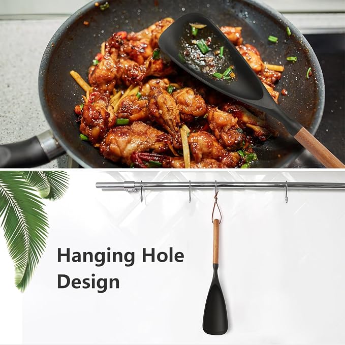 Multifunction Silicone Spatula Cooking Spoon for Nonstick Cookware, Wooden Handle Spatula Spoon for Mixing Serving Scraping, Heat Resistant BPA-Free Kitchen Spoon