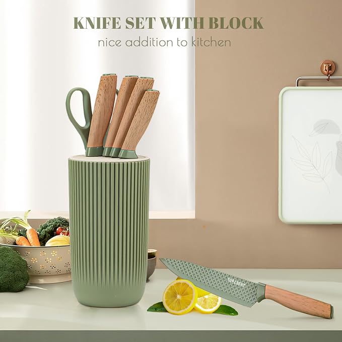 Kitchen Knife Set, Retrosohoo 6 Pieces Green Professional Knife Set with Universal Knife Block, Super Sharp Knife Set with Ergonomic Handle, Non-stick Stainless Steel Knife Block Set(Green)