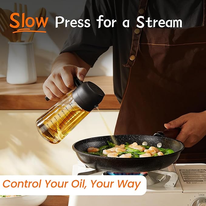 Person cooking with a bottle of oil and pan on a stove, featuring text about controlling oil flow.