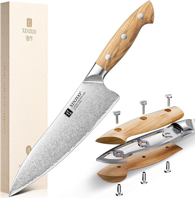 XINZUO Gyuto Chef Knife - 8.3 Inch Kitchen Knife 3 Layer 10Cr15Comov Steel Core High Carbon Steel Blade, Sharp Cutting Knife With Olive Wood + Stainless Steel Rivet Handle
