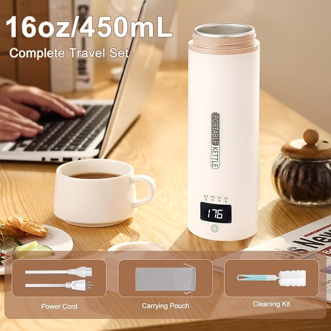 Travel Kettle, Portable Electric Kettle with 4 Temperature Controls, 304 Stainless Steel with Auto Shut-off & Leak Proof, Beige(120V)