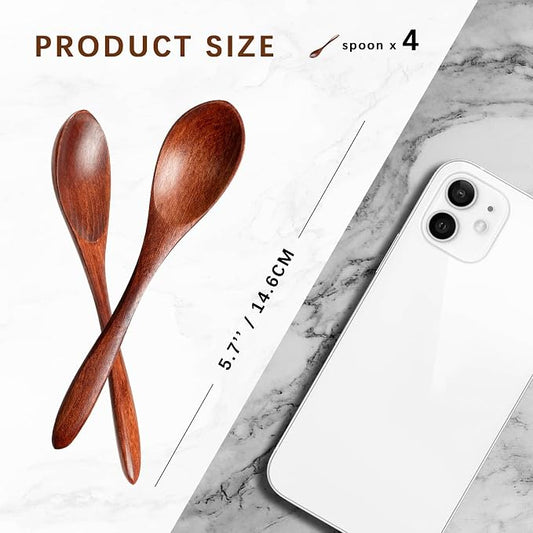 4 PCS Small Wooden Spoons, 5.8 Inch Honey Spoons for Tea, Hardwood Wooden Honey Teaspoon for Coffee, Little Tiny Wood Spoons, Bamboo Table Spoon for stirring, Wooden Spoons for Utensils Set