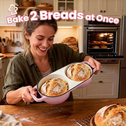 YONILL Mini Double Dutch Oven for Sourdough Bread Baking - Enameled Cast Iron Dutch Oven Pot with Lid and 5" Banneton Bread Proofing Basket Kit, Dual Round Bread Loaf Pan for Homemade Baking (Pink)
