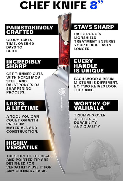 Dalstrong Chef Knife - 8 inch Blade - Premium 9CR18MOV HC Steel - Full Tang - Red Resin Handle - Chef's Knife - Valhalla Series - Razor Sharp Kitchen - Professional Leatther Sheath