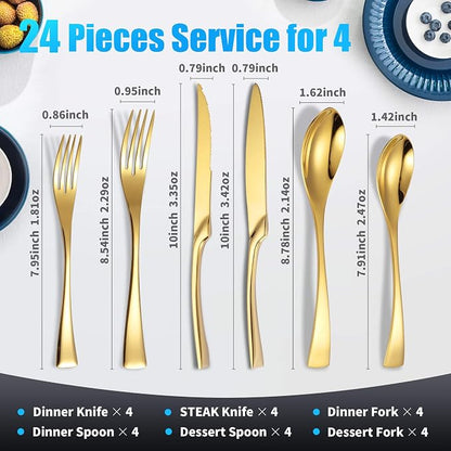 Lemeya 24-Pieces Gold Silverware Set with Steak Knives,Heavy Duty 18/10 Stainless Steel Flatware Set for 4,Modern Cutlery with Forged Stand Knives,Mirror Polished,Dishwasher Safe