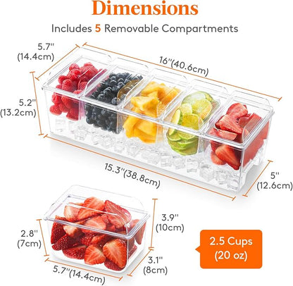 Lifewit 4 Pcs Ice Chilled Condiment Caddy with 5x20 oz Containers, Condiment Server with Separate Lid, Serving Tray Platter with Removable Dishes for Bar Fruit Salad Taco Party Garnish, 39 x13cm/15x5