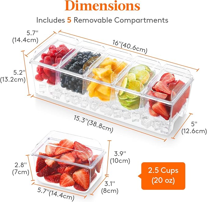 Lifewit 3 Pcs Ice Chilled Condiment Caddy with 5x 20 oz Containers, Condiment Server with Separate Lid, Serving Tray Platter with Removable Dishes for Bar, Fruit, Salad, Taco, Party Garnish
