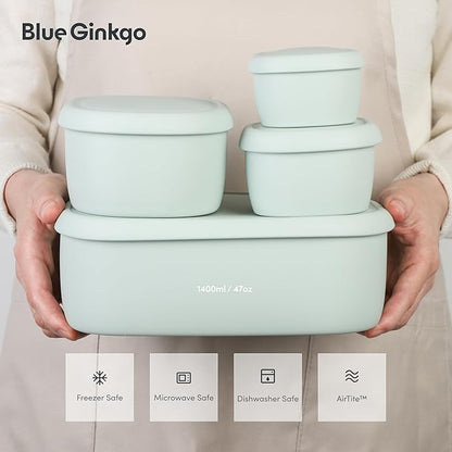 BLUE GINKGO Nesting Silicone Containers - Large Silicone Food Storage Container | BPA Free, Airtight, Dishwasher and Freezer Safe (47.5 oz) - Green