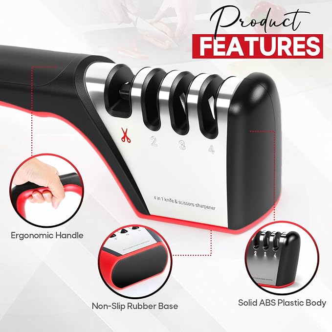4-in-1 Knife Sharpener, Sturdy Manual Knife Sharpeners for Kitchen Knives, Professional Ergonomic Knife Sharpening Kit with 4 Stage Sharpening Slots, Portable Knife Sharpener for Knives, Scissors