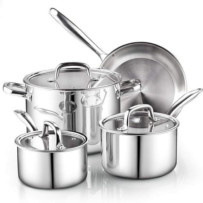 Cook N Home Classic Tri-ply Clad Stainless Steel Cookware Set, 7-Piece Pots and Pans