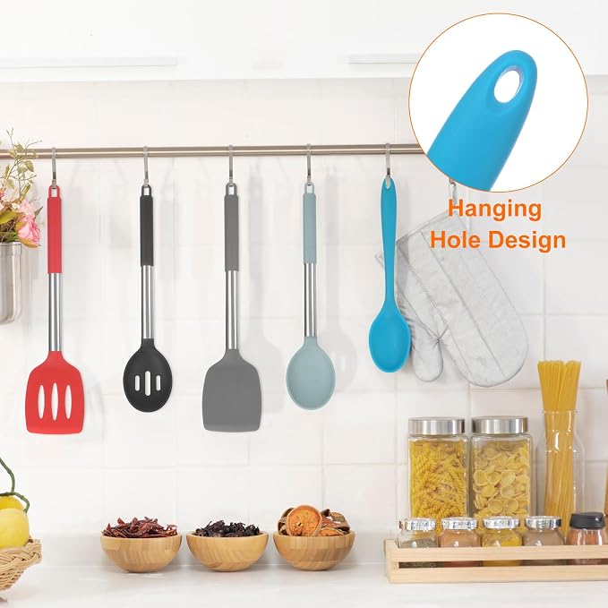 HARFINGTON 2Pcs Silicone Spoons, Heat Resistant Kitchen Cooking Utensil Spoon for Cooking, Mixing, Stirring and Serving, Blue