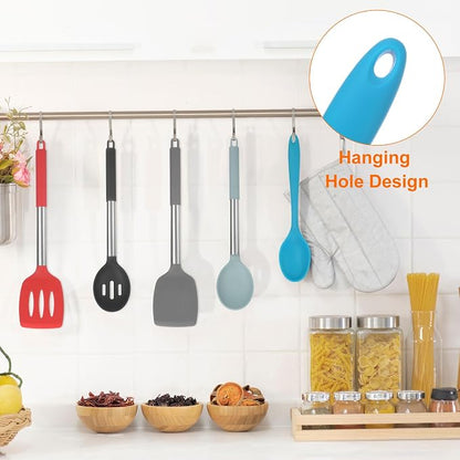 HARFINGTON 2Pcs Silicone Spoons, Heat Resistant Kitchen Cooking Utensil Spoon for Cooking, Mixing, Stirring and Serving, Blue